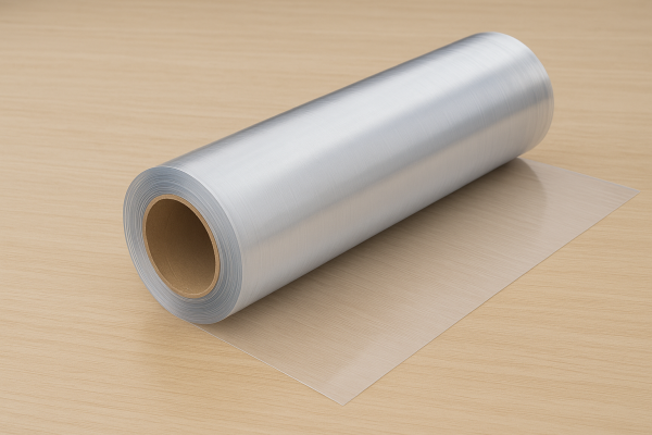 A clear polycarbonate sheet roll placed on a wooden surface – ideal for roofing or protective applications