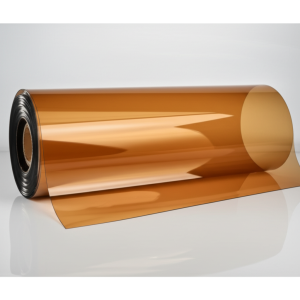 Translucent brown-tinted clear polycarbonate sheet roll on a wooden surface